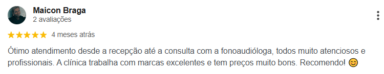 Avaliação 5 estrelas de Maicon Braga no Google sobre a AudioCenter BH