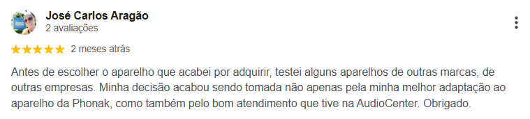 Avaliação 5 estrelas de José Carlos Aragão no Google sobre a AudioCenter BH